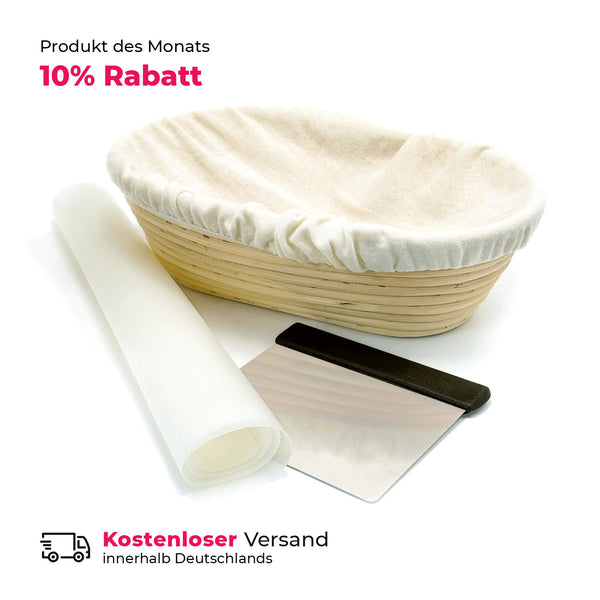 Panier de levée LEHRMANN pour la cuisson en osier avec grattoir à pâte et tapis en silicone Cuisson du pain avec kit professionnel pour la maison.