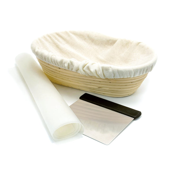 LEHRMANN fermentation basket for baking made of rattan with dough scraper and silicone mat. Bread baking with professional set for home use.